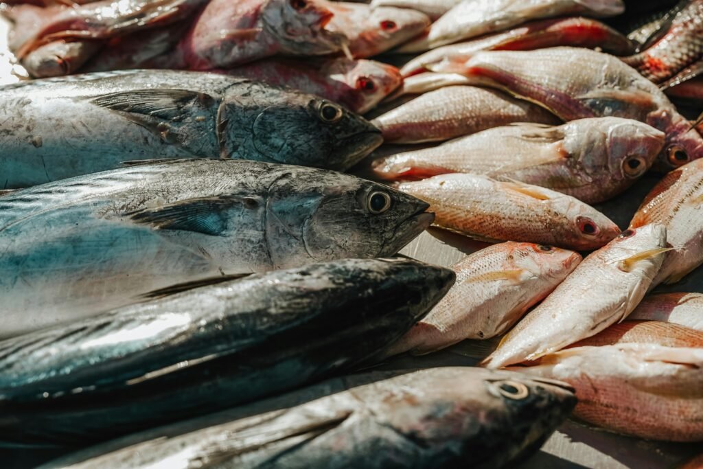 Home A variety of freshly caught fish displayed in a market in Surabaya, Indonesia, showcasing local seafood.